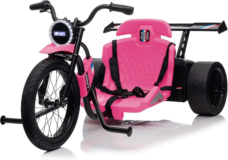 Children's electric drift tricycle, three-wheel electric drifting bicycle, equipped with LED lights, 16-inch inflatable tires, battery-powered, suitable for boys and girls aged 8 and above, outdoor electric driving vehicle (black) M8