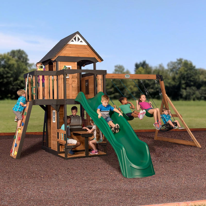 Canyon Creek Cedar Wood Swing Set with Wave Slide, Clubhouse, Play Kitchen, Picnic Area, Belt Swings, Web Swing, Rock Wall, Balconies, Playhouse, Step Ladder, Outdoor Playset G1