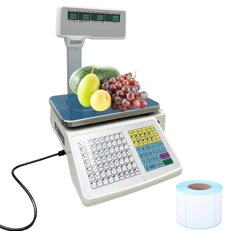 Commercial digital scale, equipped with thermal printer, 4 window vertical double-sided LCD display, capable of printing labels, maximum load capacity of 66 pounds, 110 volts, portable, suitable for storage areas, restaurants, bakeries K1