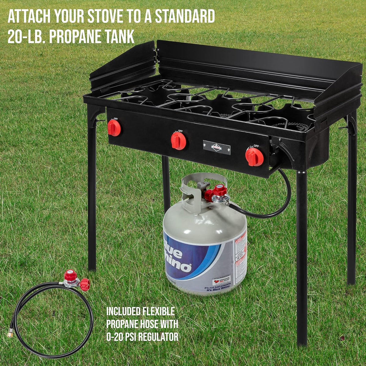 Dual-burner outdoor gas stove | 150,000 British thermal units portable propane stove, with blue flame control, detachable legs, temperature control knob, windproof panel, hose, regulator and storage box