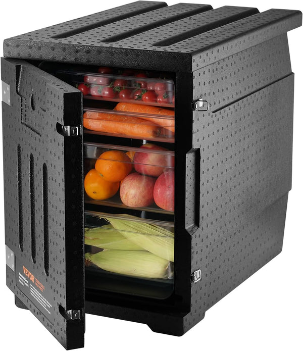 Food tray transportation box, 95-gallon insulated box for the catering industry, LLDPE food tray box with double clasps, front-mounted food heater with handle, suitable for stacking end loaders in restaurants, canteens, etc. black A0