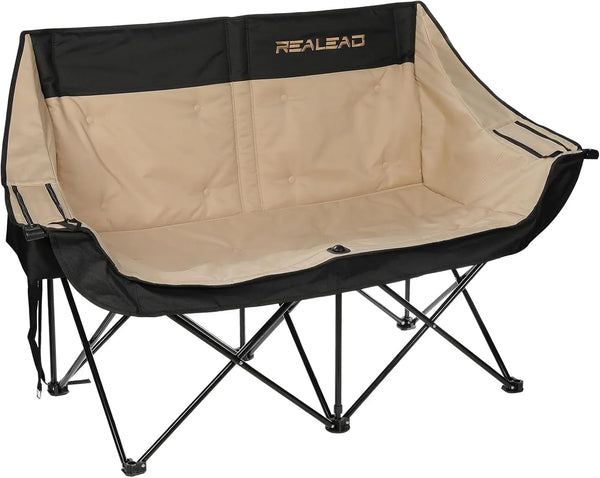 Double camping chair - Large-sized adult camping couple seat cushion suitable for two people. 650 pounds load-bearing capacity - Heavy-duty foldable camping chair, equipped with a cooling bag, suitable for outdoor activities and beach use. B9