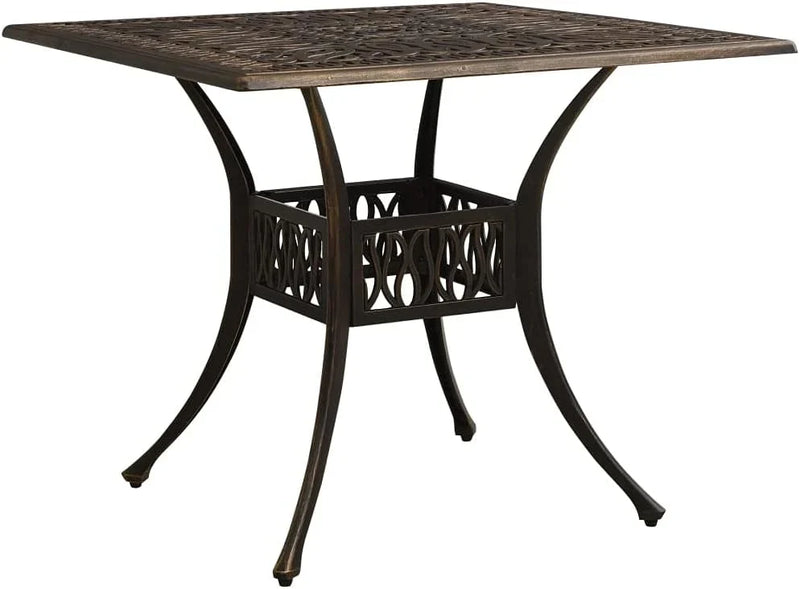 Bronze terrace table, made of cast aluminum, suitable for outdoor use, square design, stable and durable, with dimensions of 35.4 inches × 35.4 inches × 28.7 inches, equipped with umbrella holes, requires assembly. W9