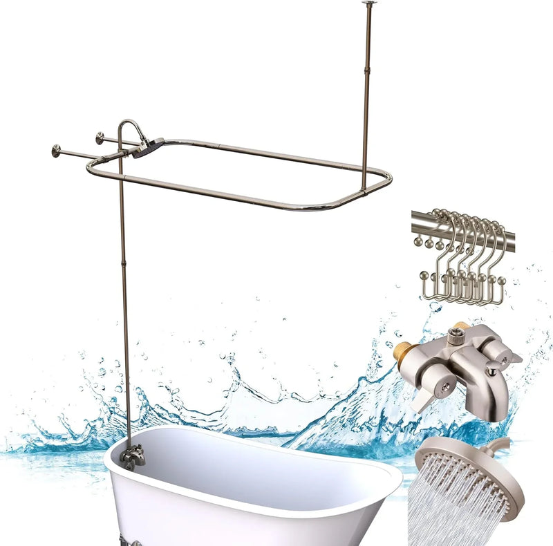 Clawfoot Tub Shower Kit, Add On Shower Units With Bathcock Diverter Faucet and 48" X 27“ Rectangular Claw foot Tub Shower Curtain Rod Kit,Claw foot Tub Shower Faucet Set,Brushed Nickel B3