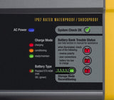 20 amperes, 12/24 volts, 2 battery packs, waterproof, waterproof battery charger for use on water.