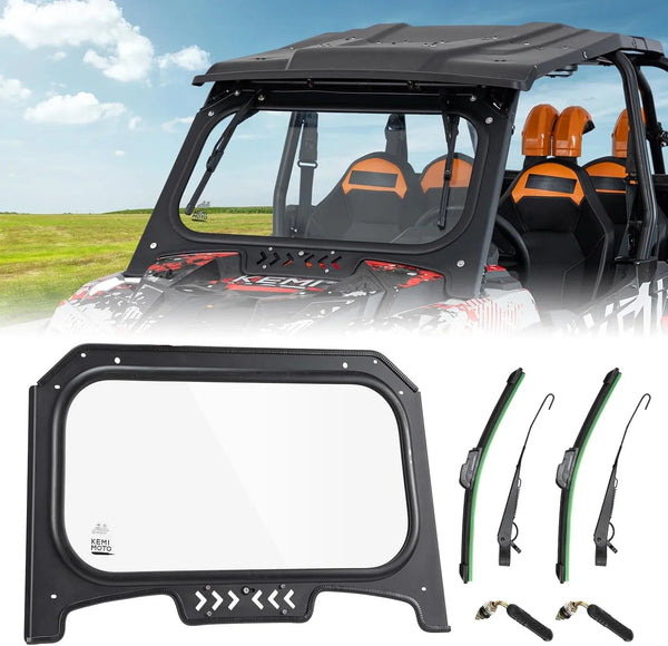 The glass windshield is equipped with 2 manual windshield wipers. It is scratch-resistant and wear-resistant. It is compatible with the 2019 - 2023 models of Arctic Cat RZR XP 1000 / RZR XP super sports vehicles. The front windshield has a ventilatio M1