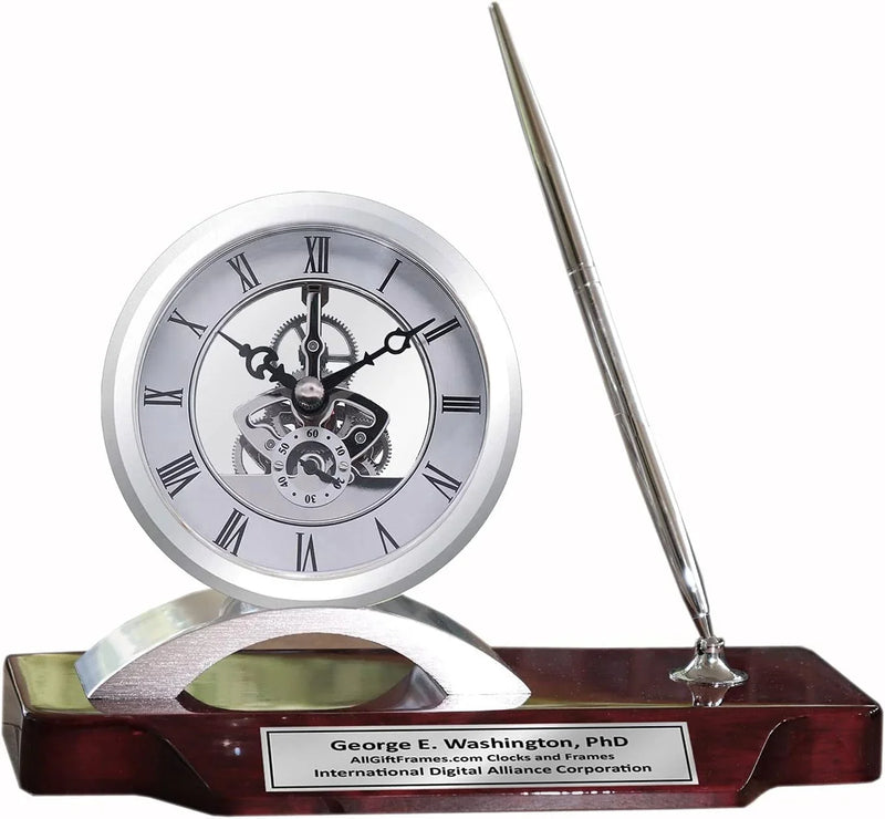Desk clock, pen set, personalized, unique, silver clock, clear transparent case, gears, da Vinci, timepiece display, metal pen set, wooden desk stand, desk accessories, office, modern home, engraving Y4