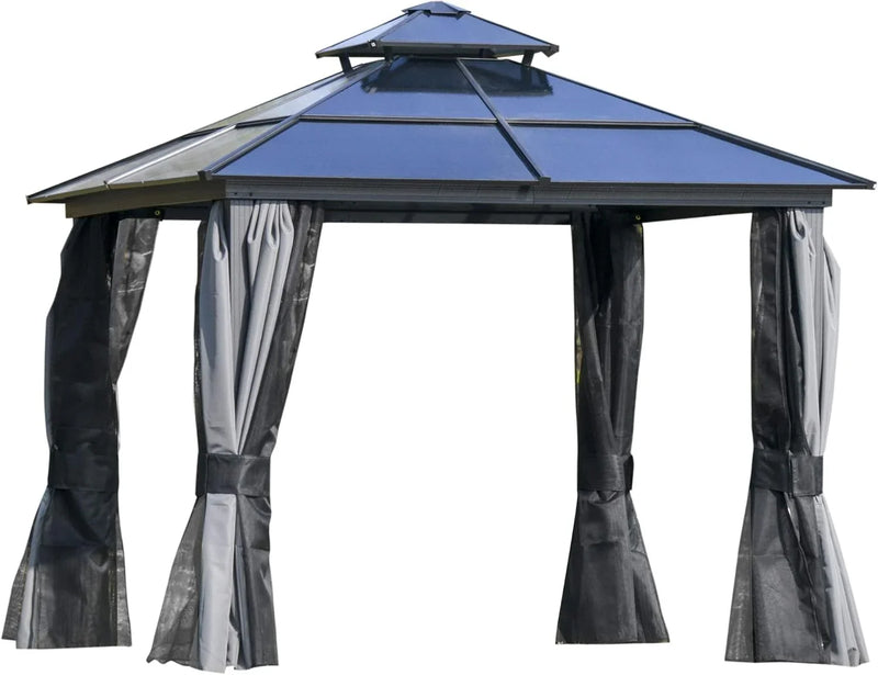 10 feet x 12 feet hard-top awning canopy, polycarbonate roof, aluminum frame, permanent outdoor awning, with net cover, suitable for patios, gardens, backyards, terraces, lawns, grasslands, light gray. C8