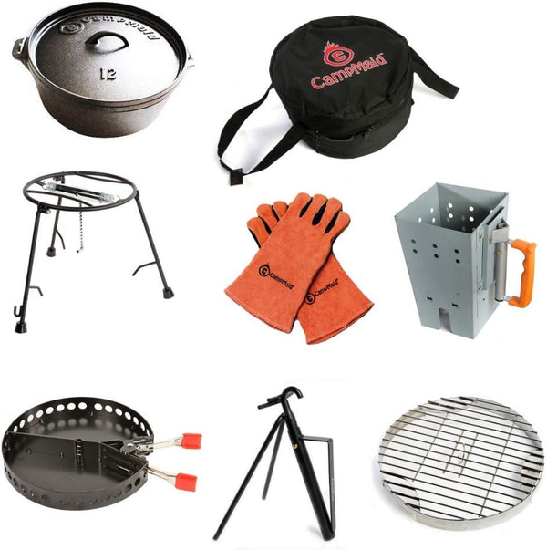 Outdoor Cooking Set - Dutch Oven and Tools Set - Charcoal Holder & Cast Iron Grill Accessories - Camping Grill Set - Outdoor Cooking Essentials - Camp Kitchen Equipment - (8 Piece Set) Z6