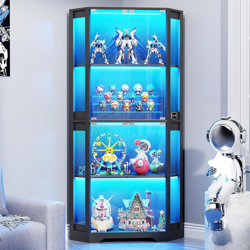 Corner Display Cabinet with Glass Doors, 65" Lighted Curio Cabinet with 3 Color Lights for Collectibles, 4-Tier Display Case Bookcase with Human Body Sensor for Toys, Books, Trophy, Black D6