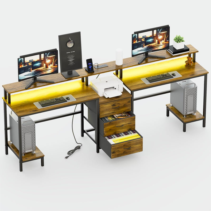 2 Person Desk with LED Lights & Charging Station – Long Desk for 2 with Storage Drawers, Monitor Riser, USB Ports & Outlets – Modern Study Table or Workstation for Home Office Q5