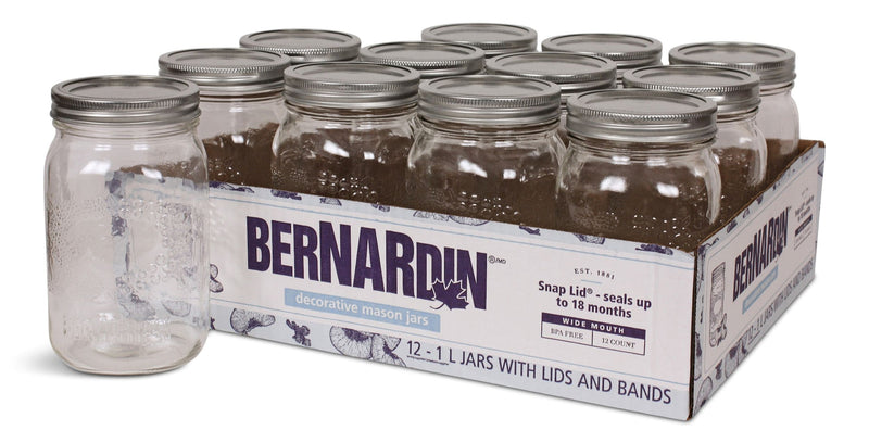 Bernardin Decorative Glass Mason Jars with Snap Lids, 1 L, 12 Count H2
