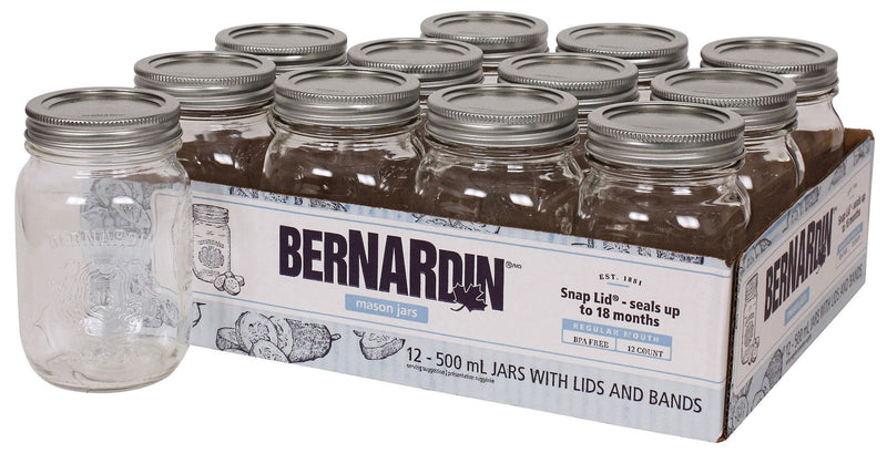 Bernardin Regular Mouth Glass Mason Jars with Snap Lids, 500 mL, 12 Count B8