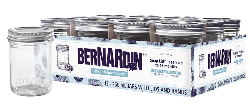 Bernardin Regular Mouth Smooth Glass Mason Jars with Snap Lids, 250 mL, 12 Count K9