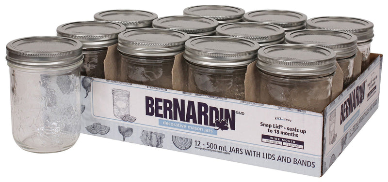 Bernardin Wide Mouth Decorative Glass Mason Jars with Snap Lids, 500 mL, 12 Count O1