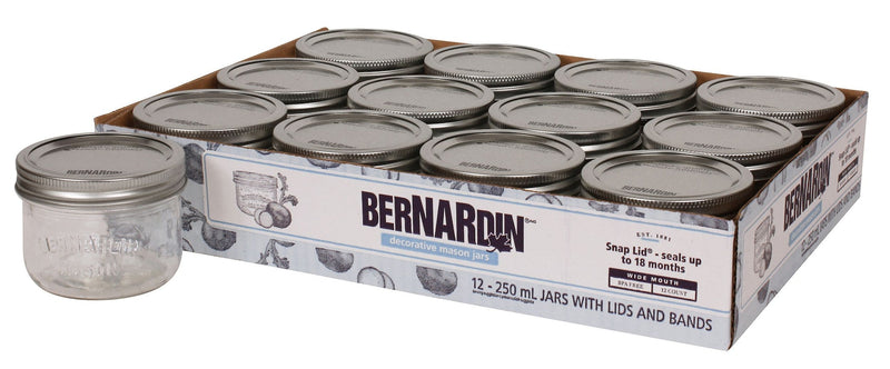 Bernardin Wide Mouth Decorative Glass Mason Jars with Snap Lids and Bands, 250 mL, 12 Count S4