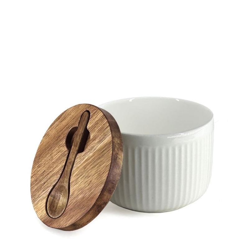 BIA Porcelain Salt/Herb Keeper with Spoon & Acacia Lid, Dishwasher Safe K0