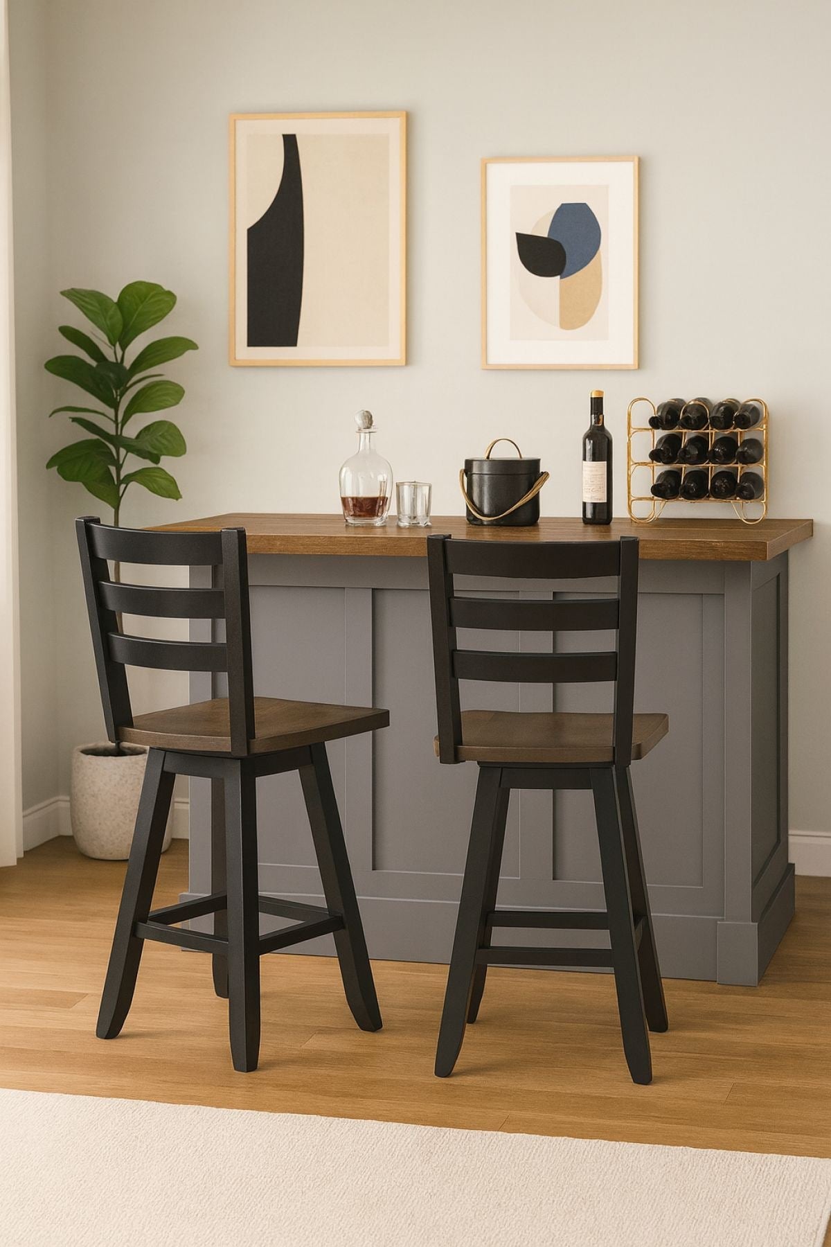 Brassex Aaron Oak/Dark Grey Swivel Counter/Bar Stool with Back Rest, 2-pc