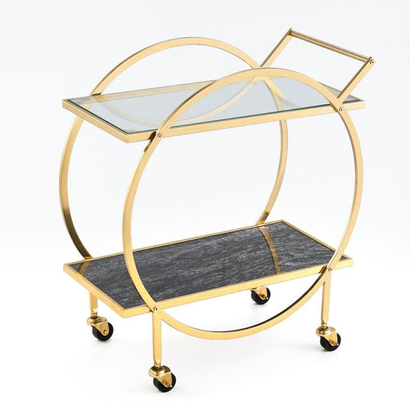 Brassex Zara 2-Tier Circular Rolling Bar Storage Cart with Mirrored Top, Gold L3