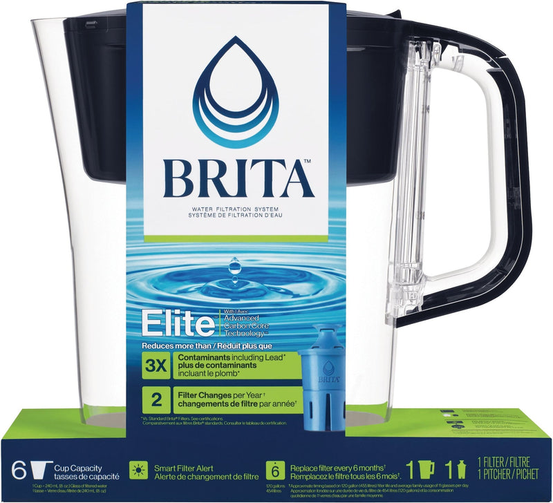 Brita Denali Water Filter Pitcher with Elite Filter, BPA Free, 6 Cup, Black Q7