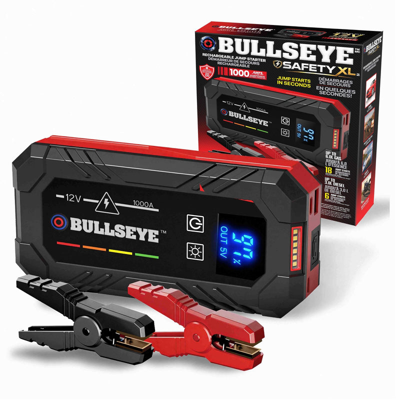 Bullseye Safety XL 1000A 12V Car Jump Starter, Portable Booster with Jumper Cables, 6.0-L Gas & 3.0-L Diesel, 1800mAh Rechargeable W5