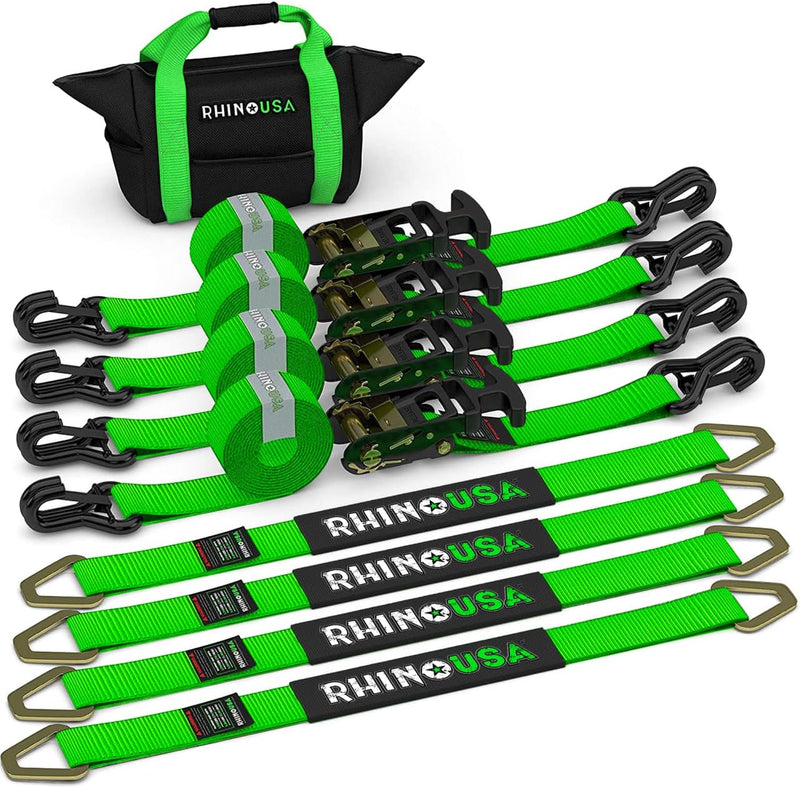 Car Tie Down Straps for Trailers with J Hooks (4-Pack) - 2 Inch x 8 Feet (10,000lb Break Strength) - Heavy Duty T-Handle Car Hauler Tire Straps for Trailer & UTV with Axle Straps - Black H5