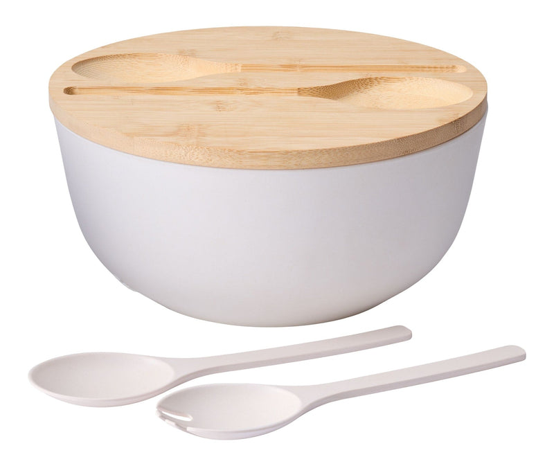 CANVAS Bamboo Salad Bowl Set with Lid & Servers, White B9