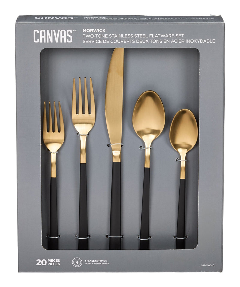 CANVAS Flatware Set, Serves 4, 20-pc, Black & Gold X3