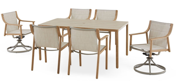 CANVAS Sauble Sling Outdoor Patio Dining Set with Swivel Chairs and Umbrella Hole, Tan, 7-pc I0
