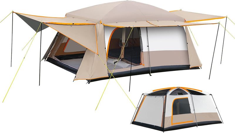 Camping Tent, 4-6 Person Family Cabin Tents, Large Waterpoof Tents for Camping Outdoor, 210D Oxford Fabric Blackout Foldable Sunburn Prevention Tent with 2 Rooms, 3 Foyers for Picnic Khaki D2