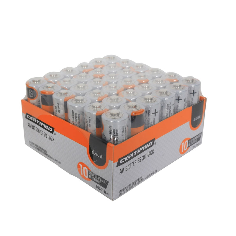 Certified AA Alkaline Battery Set, All Purpose, Long Shelf Life, 36-pk D3
