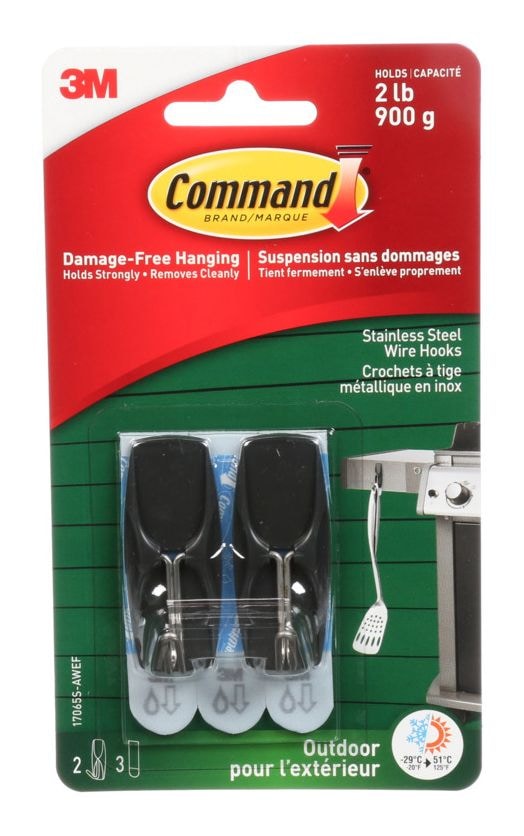 Command Adhesive Outdoor Wire Hooks with Adhesive Strips, Stainless Steel, 2-lbs, 2 Strips per Pack E1