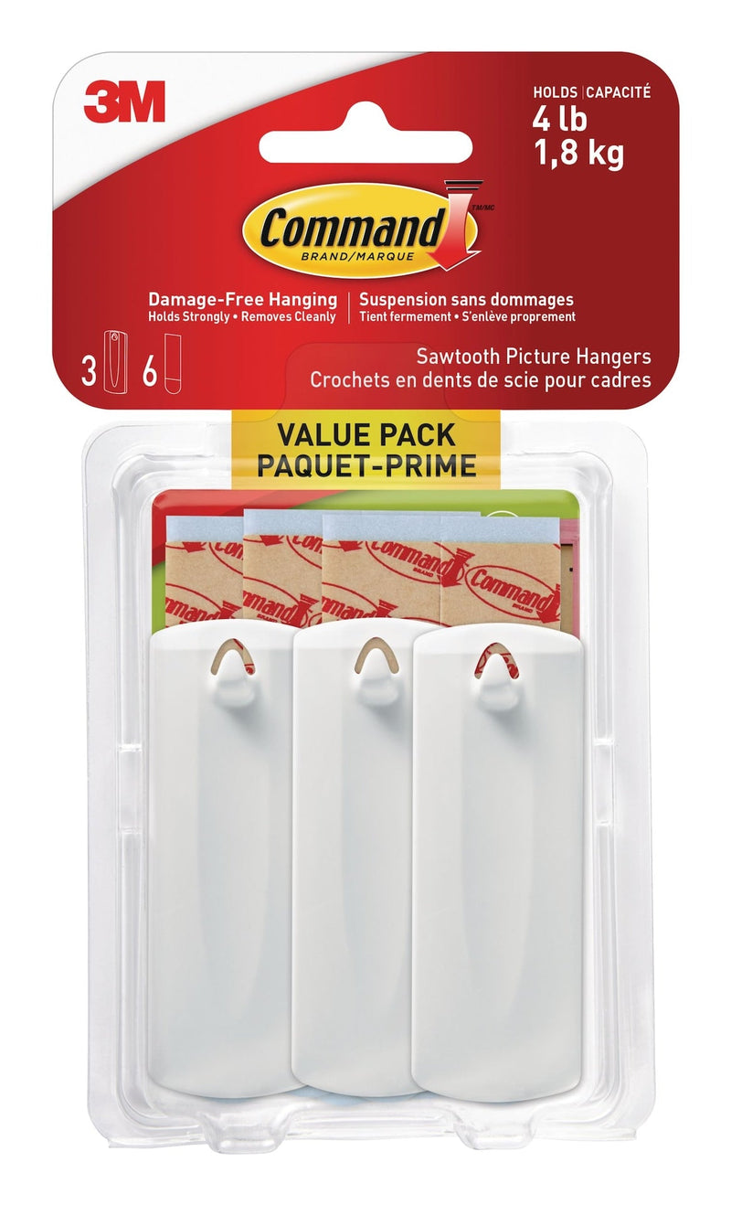 Command Adhesive Sawtooth Picture Hanging Hooks with Adhesive Strips, White, 4-lbs, 3 Strips per Pack H5