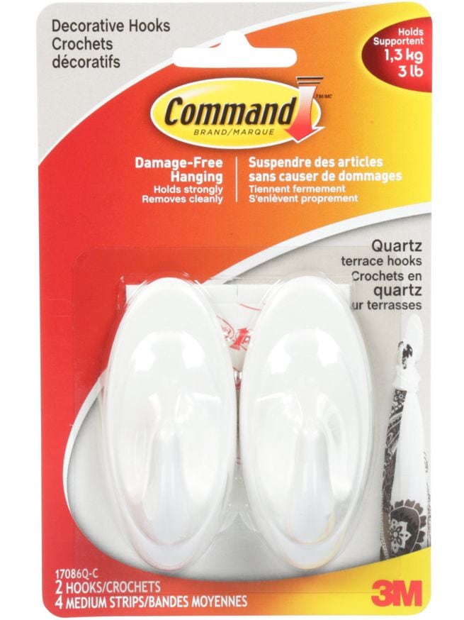Command Decorative Quartz Terrace Hooks with Adhesive Strips, White, 3-lbs, 2 Strips per Pack R9