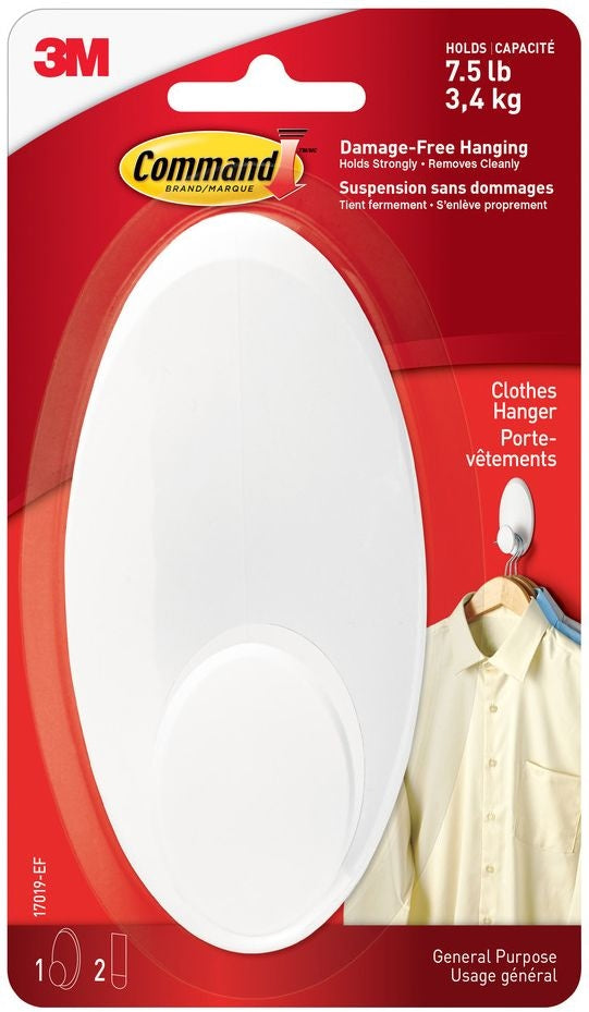Command Large Clothes Hanger Organizing Hook with Adhesive Strips, White, 7.5-lbs, 1 Strip per Pack P3