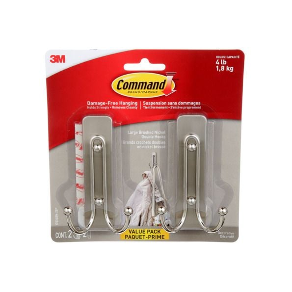 Command Large Decorative Double Hooks Value Pack with Adhesive Strips, Brushed Nickel, 4-lbs, 2 Strips per Pack Q7