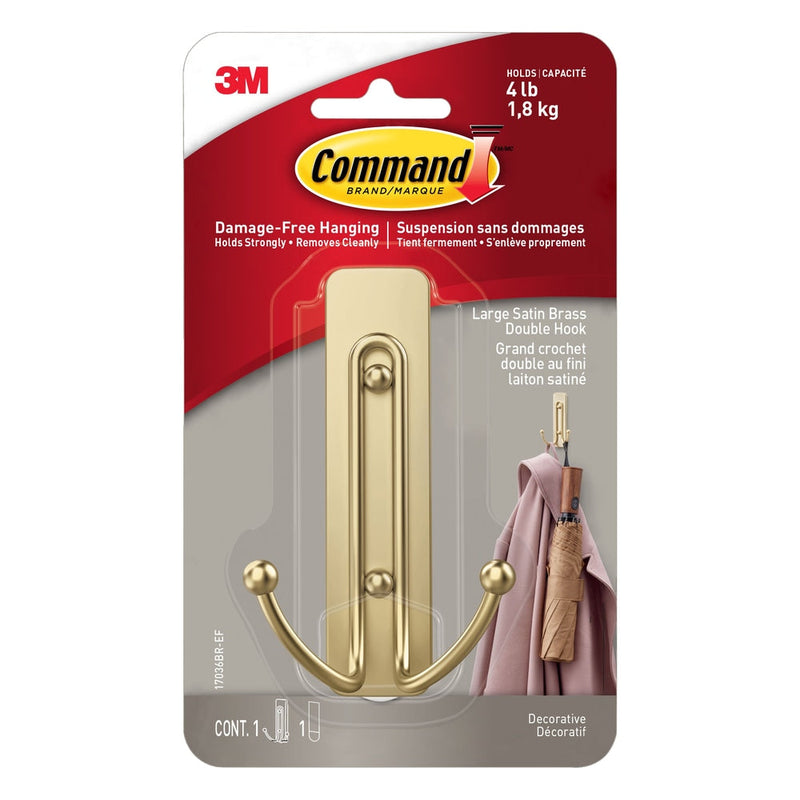 Command Large Satin Brass Hook, 17036BR-EF | 1 Hook, 1 Strip per Pack Y3