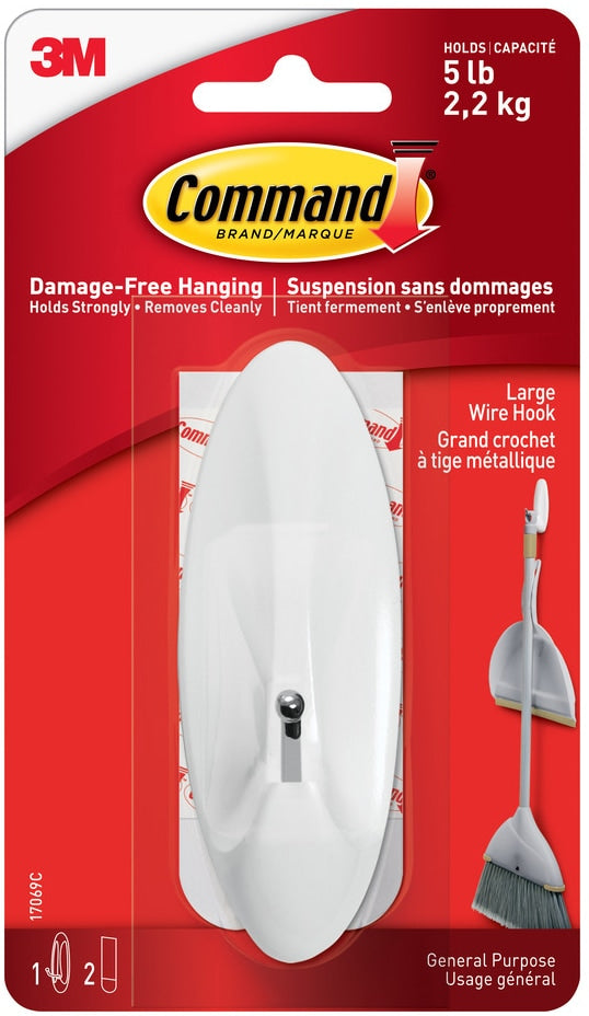 Command Large Wire Hook with Adhesive Strips, White, 5-lbs, 1 Strip per Pack C3