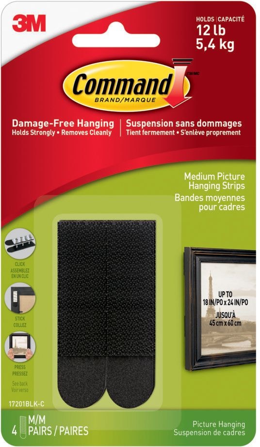 Command Medium Adhesive Picture Hanging Strips, Black, 12-lbs, 4 Strips Per Pack K5