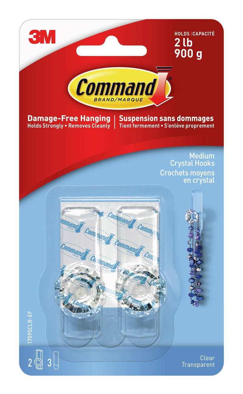 Command Medium Decorative Crystal Hooks with Adhesive Strips, Clear, 2-lbs, 2 Strips per Pack Y6