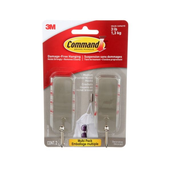 Command Medium Decorative Hooks with Adhesive Strips, Brushed Nickel, 3-lbs, 2 Strips per Pack Y5