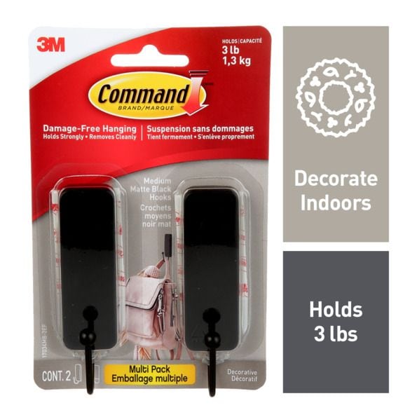 Command Medium Decorative Hooks with Adhesive Strips, Matte Black, 3-lbs, 2 Strips per Pack T7