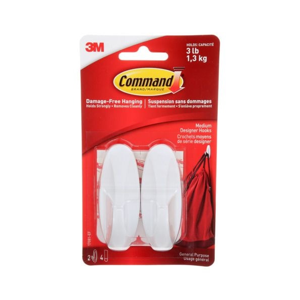 Command Medium Designer Hooks with Adhesive Strips, White, 3-lbs, 2 Strips per Pack B9