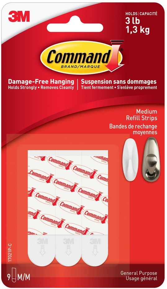 Command Medium General Purpose Refill Strips for Adhesive Hooks, White, 3-lbs, 9 Strips per Pack W4