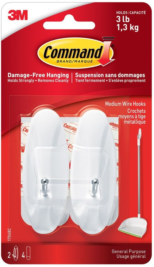 Command Medium General Purpose Wire Hooks with Adhesive Strips, White, 3-lbs, 2 Strips Per Pack O2