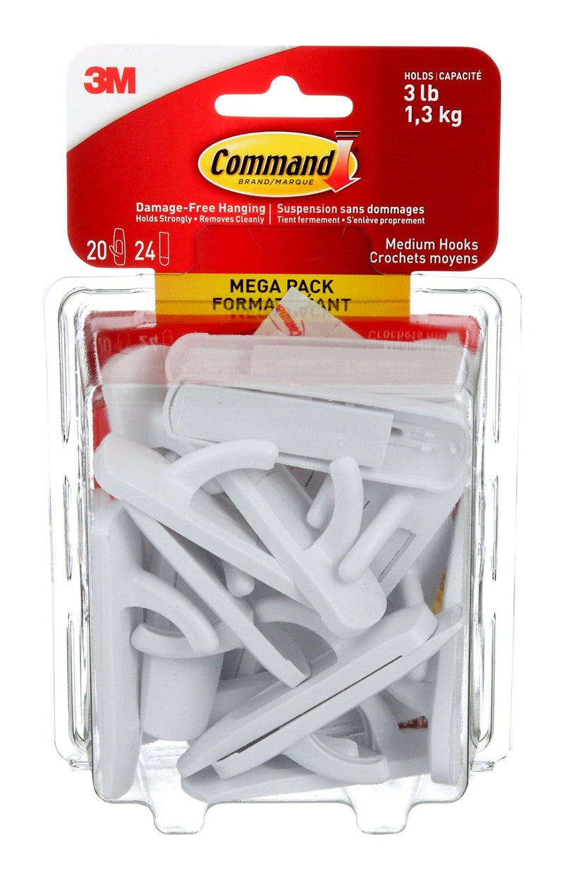 Command Medium Hooks Mega Pack with Adhesive Strips, White, 3-lbs, 20 Hooks/Pack O1