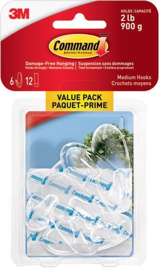 Command Medium Hooks Value Pack with Adhesive Strips, Clear, 2-lbs, 6 Strips per Pack Y7