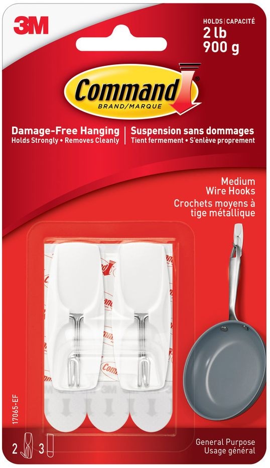 Command Medium Wire Toggle Hooks with Adhesive Strips, White, 2-lbs, 2 Strips per Pack R9