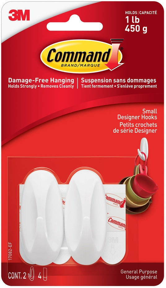 Command Small Designer Hooks with Adhesive Strips, White, 1-lb, 2 Strips per Pack K1