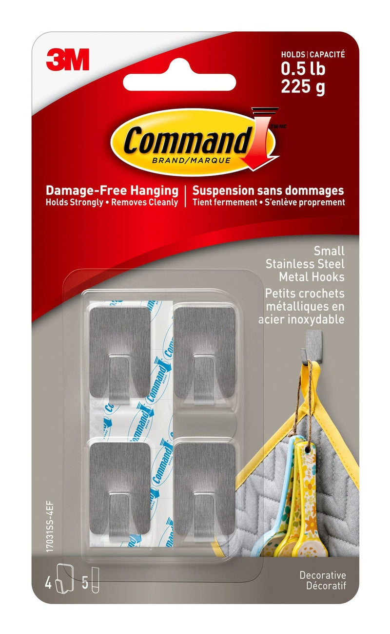 Command Small Stainless Steel Metal Hooks with Adhesive Strips, Silver, 0.5-lbs, 4 Strips per Pack Q8